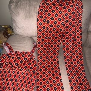 Two piece orange and navy blue palazzo pants set large